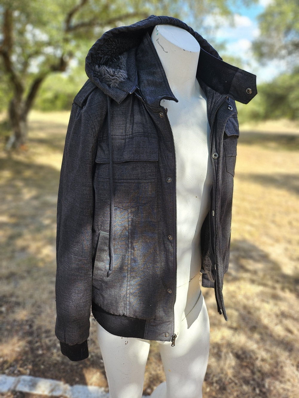 American Rag Men's Removable  Hooded Faux Fur Bomber Jacket Charcoal Gray Large
